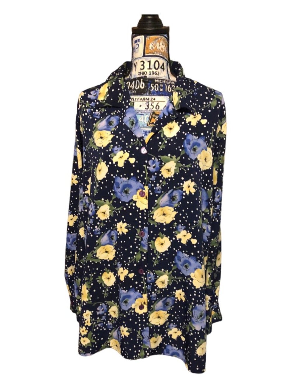 Navy Blue Yellow Cream Blue Floral White Polka Dot Accent Blouse Sz 2X READ